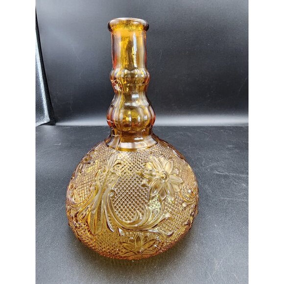 Vintage Clear Amber Squat Decanter Raised Daisy Flower Floral Design MCM - Picture 3 of 8